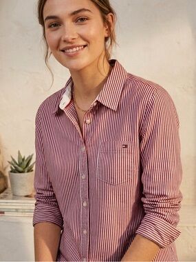 Tommy Hilfiger Red White Striped Button Down Shirt Women’s Small Cotton